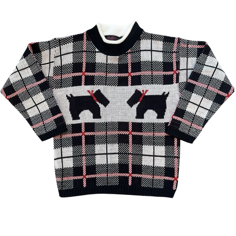 Vintage 80s 90s Black White Red Plaid Scottie Dog Print Novelty Sweater
